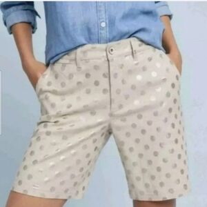 EUC ANTHROPOLOGIE LINEN BLEND BERMUDA SHORTS TAN & GOLD POLKA DOT MID RISE SZ 27
